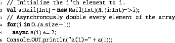 \begin{xtennum}[]
// Initialize the i'th element to i.
val a:Rail[Int] = new Ra...
....size-1))
async a(i) *= 2;
Console.OUT.println(''a(1)='' + a(1));
\end{xtennum}
