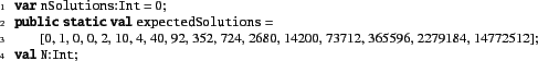 \begin{xtennum}[]
var nSolutions:Int = 0;
public static val expectedSolutions =
...
...2, 724, 2680, 14200, 73712, 365596, 2279184, 14772512];
val N:Int;
\end{xtennum}