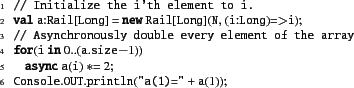\begin{xtennum}[]
// Initialize the i'th element to i.
val a:Rail[Long] = new R...
....size-1))
async a(i) *= 2;
Console.OUT.println(''a(1)='' + a(1));
\end{xtennum}