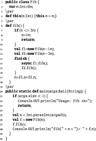 \begin{table}\fromfile{Fib.x10}
\begin{xtennum}[]
public class Fib {
var n:Int=...
...Console.OUT.println(''fib('' + n + '')= '' + f.n);
}
}
\end{xtennum}\end{table}