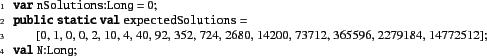\begin{xtennum}[]
var nSolutions:Long = 0;
public static val expectedSolutions =...
..., 724, 2680, 14200, 73712, 365596, 2279184, 14772512];
val N:Long;
\end{xtennum}